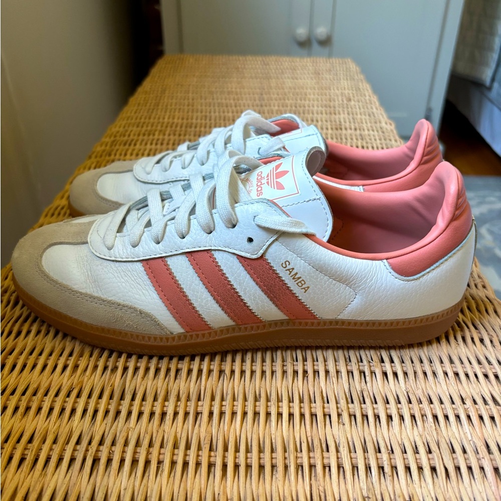 Adidas Samba White and Coral Sneakers
